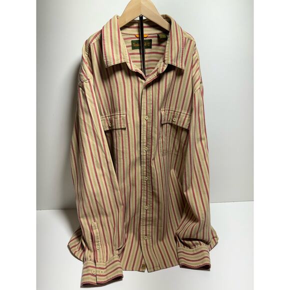 Timberland XL Men’s Button Up Long Sleeve Tan Red Striped Shirt Casual Logo - Picture 1 of 12